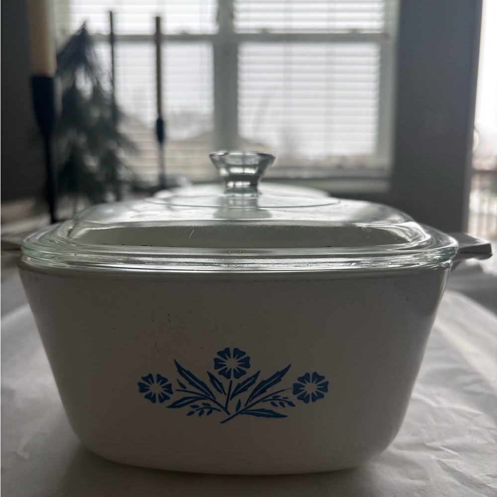 Corningware White Casserole Dish with Blue Floral Pattern (Rare) - Vintage